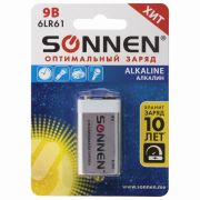 Батарейка SONNEN Alkaline, Крона (6LR61, 6LF22, 1604A), алкалиновая, 1 шт., блистер