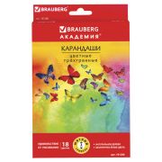 Карандаши цветные BRAUBERG «Бабочки», набор 18 цветов, трехгранные, корпус с полосками